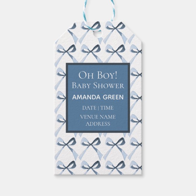 Étiquettes-cadeau Coquette sophistiquée, Baby shower Blue Bows (Devant)