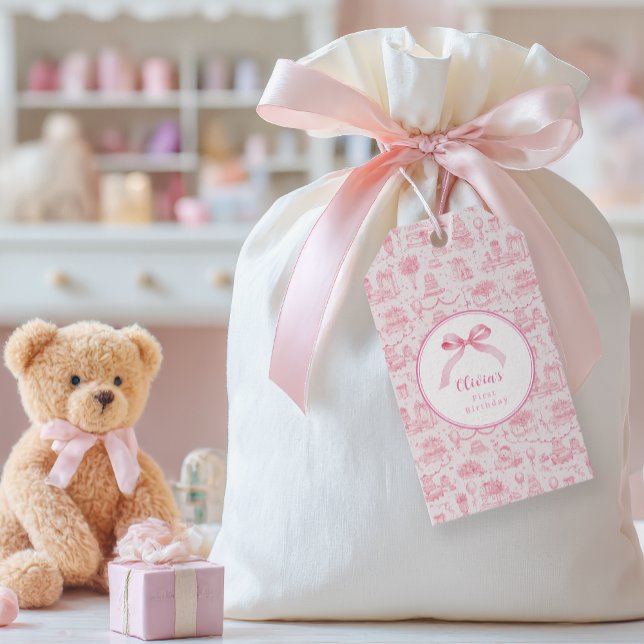 Étiquettes-cadeau Coquette Toile rose Bow 1er anniversaire fille (pink coquette 1st birthday  for baby girl with ribbon)