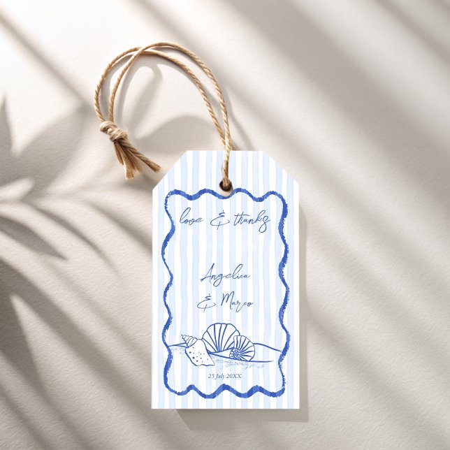 Étiquettes-cadeau Coquillages bleu ondulé bordé plage mariage faveur (Seashells handrawn blue wavy border beach wedding favors personalized favor gift tags)
