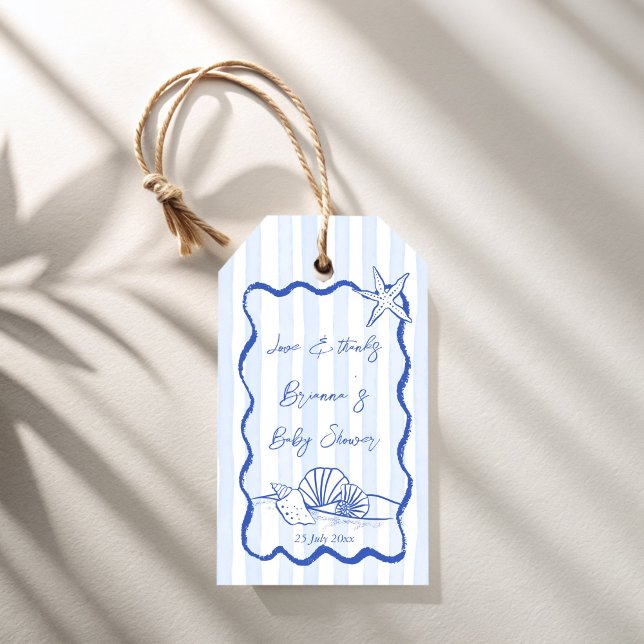 Étiquettes-cadeau Coquillages bleu ondulé rayures baby shower faveur (Seashells wavy border blue stripes beach nautical baby shower personalized favor gift tags)