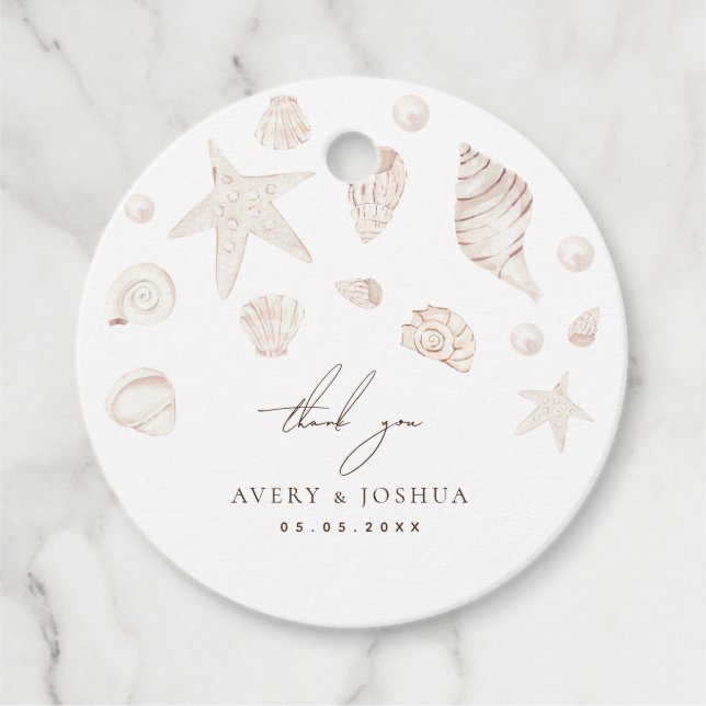 Étiquettes Cadeau Coquillages et perles Merci Mariage côtier (Devant)