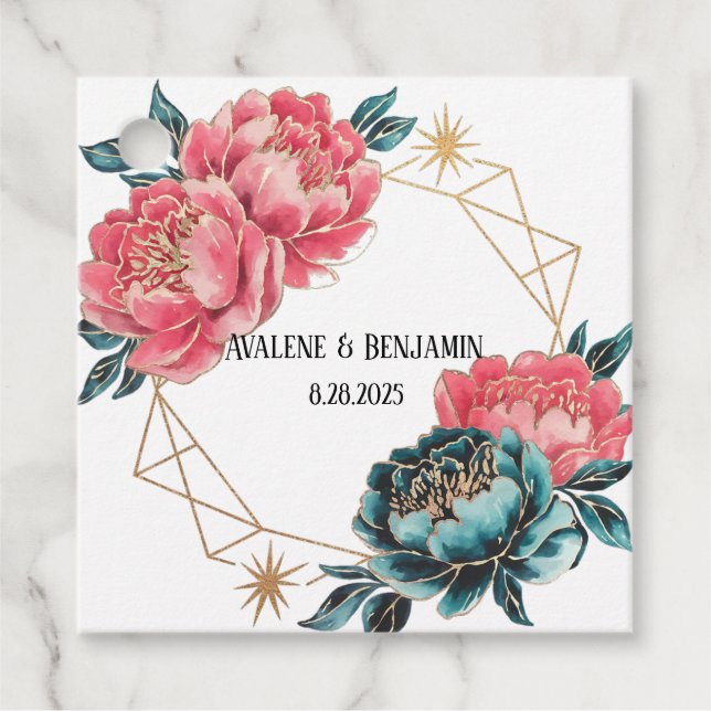 Étiquettes Cadeau Corail et pivoines Turquoises Gold Bouquet Cercles (Devant)