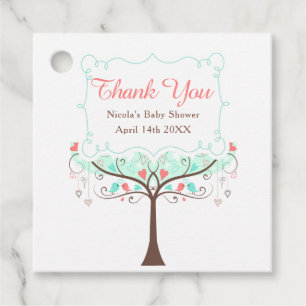 Étiquettes Cadeau Corail vert Baby shower d'oiseaux floraux Merci