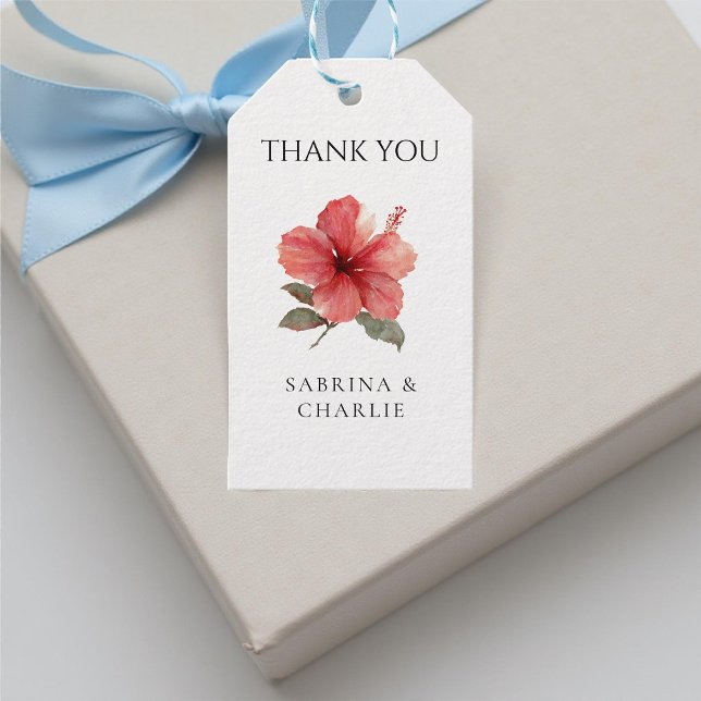 Étiquettes-cadeau Coral Red Hibiscus Tropical Destination Wedding  (Créateur téléchargé)