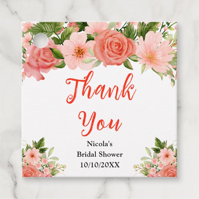 Étiquettes Cadeau Coral Red Roses Bridal Shower Thank You (Devant)