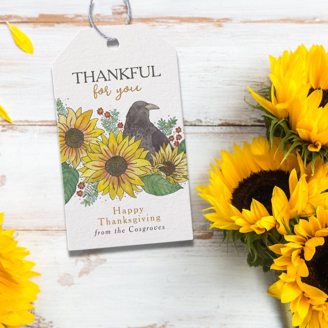 Étiquettes-cadeau Corbeau d'automne dans les tournesols Aquarelle Ac (Watercolor Crow in Sunflowers Thankful for You Thanksgiving Gift Tag)