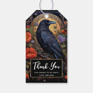 Étiquettes-cadeau Corbeau noir avec fleurs Merci gothique