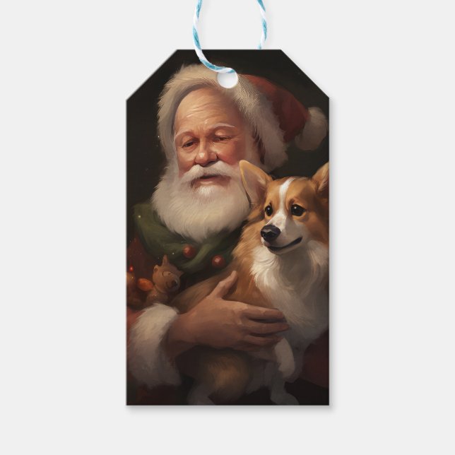 Étiquettes-cadeau Corgi avec Noël Festif du Père Noël (Devant)