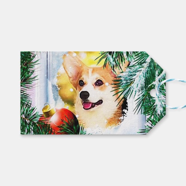 Étiquettes-cadeau Corgi gallois en hiver (Devant (Horizontal))