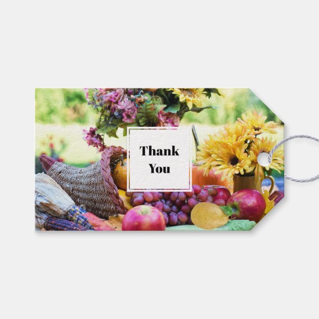 Étiquettes-cadeau Cornucopia Automne Harvest Chef de table Merci (Devant (Horizontal))