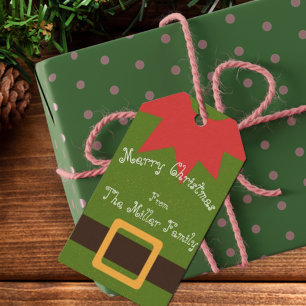 Étiquettes-cadeau Costume Elf mignon Rouge Vert Brown Nom Noël