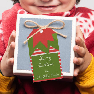 Étiquettes-cadeau Costume Elf mignon Rouge Vert Nom de famille Noël