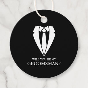 Étiquettes Cadeau Costume Mariage noir et Cravate Groomsman Proposit