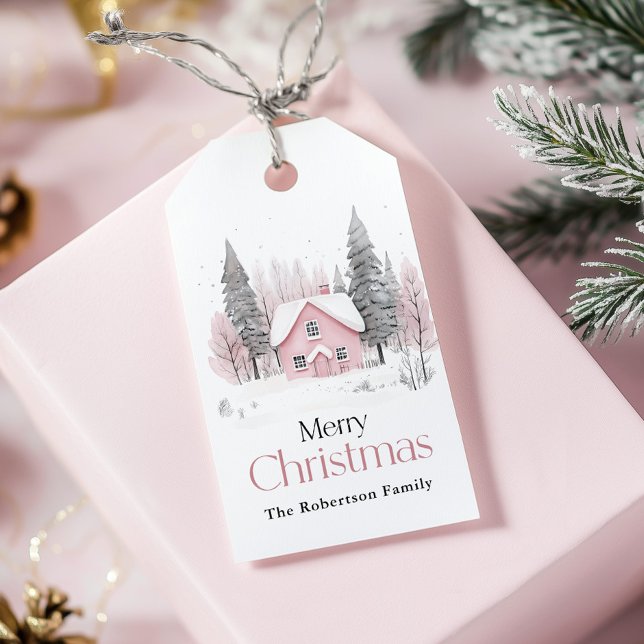 Étiquettes-cadeau Cottage d'hiver rose Noël (Créateur téléchargé)