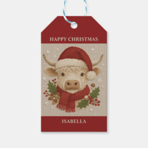 Étiquettes-cadeau Cottagecore rustique Highland Cow avec Santa Hat