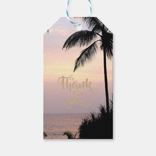 Étiquettes-cadeau Coucher de soleil tropical romantique sur la plage (Devant)
