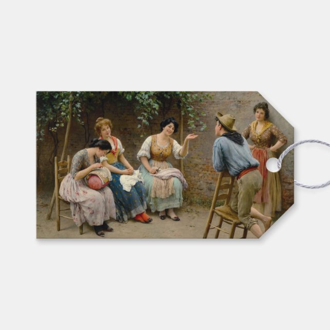 Étiquettes-cadeau Coudre des femmes et un garçon Avoir un Conversati (Devant (Horizontal))