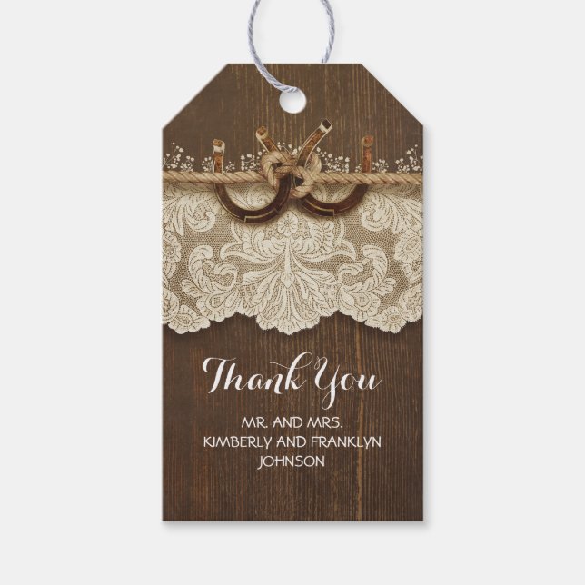 Étiquettes-cadeau Country Rustic Horseshoe Mariage dentelle bois (Devant)