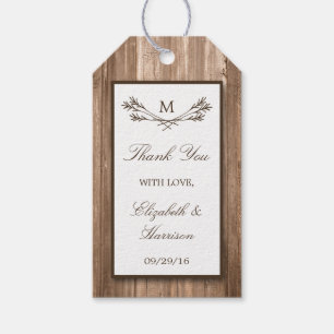 Étiquettes-cadeau Country Rustic Monogram Branche & Mariage bois