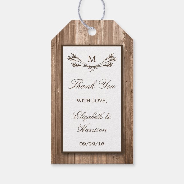 Étiquettes-cadeau Country Rustic Monogram Branche & Mariage bois (Devant)