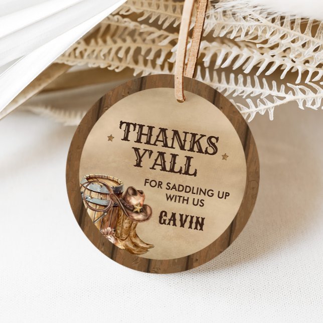 Étiquettes Cadeau Country Western Recherché Cowboy fête d'anniversai (Wanted Cowboy Country Western Birthday Party Round Favor Tags)