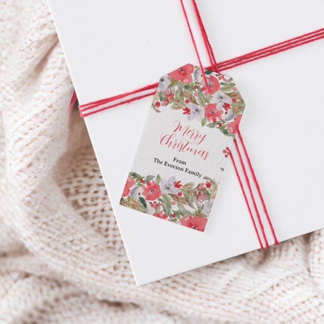 Étiquettes-cadeau Courbe rouge rouge rouge rustique orné de fleurs j (Rustic green red floral wreath merry Christmas Gift Tags)