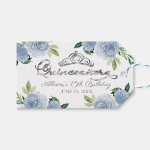Étiquettes-cadeau Couronne argentée Fête de Quinceañera florale bleu