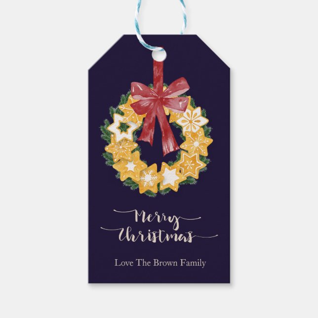 Étiquettes-cadeau Couronne de biscuits de Noël avec Arrière - plan b (Devant)