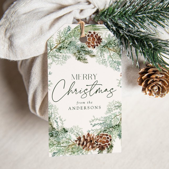 Étiquettes-cadeau Couronne de cône de pin aquarelle rustique (Créateur téléchargé)