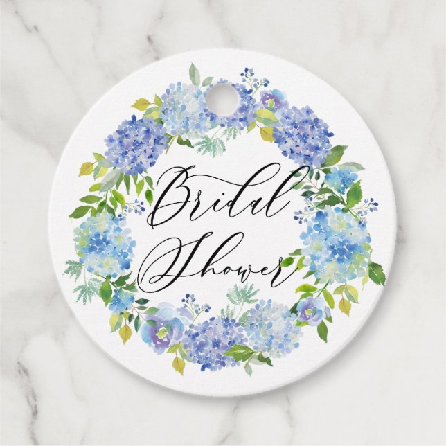 Étiquettes Cadeau Couronne de fleurs d'hortensia bleu pour la douche (Devant)