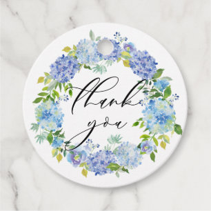 Étiquettes Cadeau Couronne de fleurs Hydrangea Bleu Aquarelle Mariag