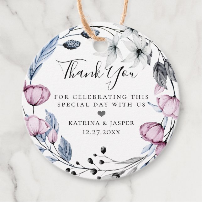 Étiquettes Cadeau Couronne de fleurs Mauve Bleu Poussiéreux Mariage (Devant)