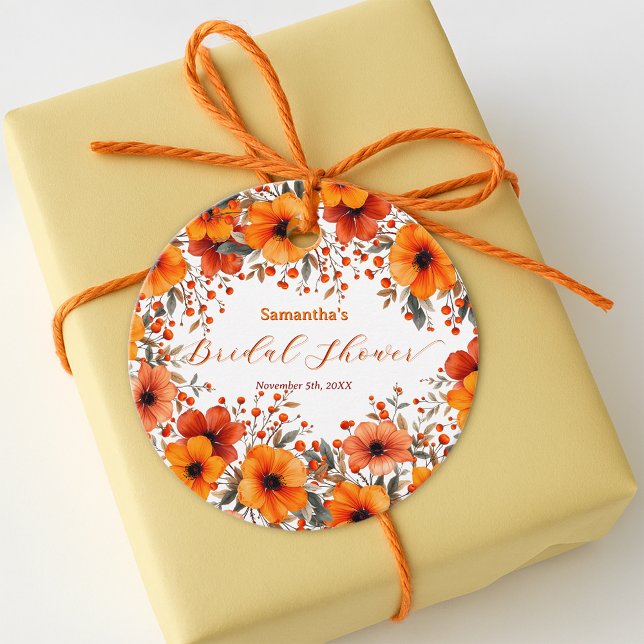 Étiquettes Cadeau Couronne de fleurs rustique boho orange pour la fê (Créateur téléchargé)