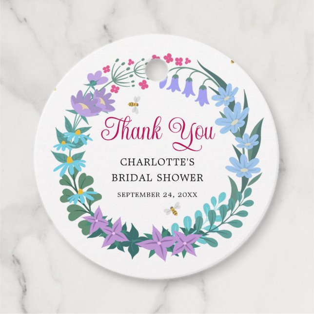 Étiquettes Cadeau Couronne de fleurs sauvages élégante pour la douch (Devant)