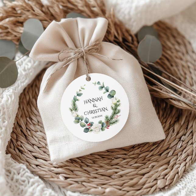 Étiquettes Cadeau Couronne de mariage d'hiver avec branches de sapin (Créateur téléchargé)