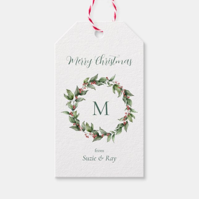 Étiquettes-cadeau Couronne de Noël avec monogramme  (Devant)