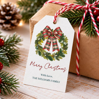 Étiquettes-cadeau Couronne de Noël avec nom de famille personnalisé