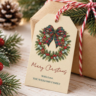 Étiquettes-cadeau Couronne de Noël avec nom de famille personnalisé