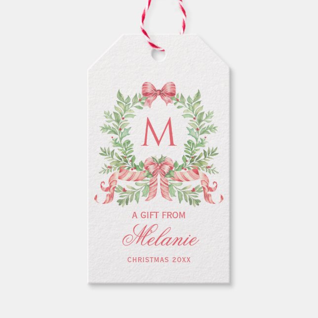Étiquettes-cadeau Couronne de Noël avec ruban | Monogramme (Devant)