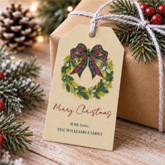Étiquettes-cadeau Couronne de Noël avec ruban tartan et nom de famil