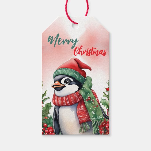 Étiquettes-cadeau Couronne de Noël drôle et joyeuse Petit pingouin p (Devant)