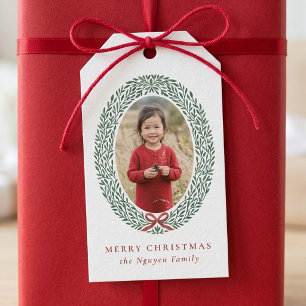 Étiquettes-cadeau Couronne de Noël élégante à l'aquarelle avec noeud