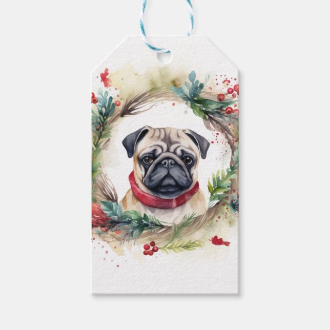 Étiquettes-cadeau Couronne de Noël festive Pug chiot (Devant)