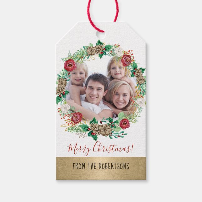 Étiquettes-cadeau Couronne de Noël Gol Peony Rose photo florale (Devant)