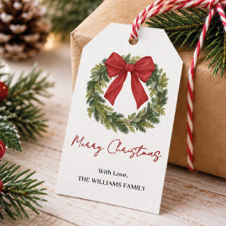 Étiquettes-cadeau Couronne de Noël personnalisée au nom de famille a