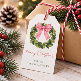 Étiquettes-cadeau Couronne de Noël personnalisée au nom de famille a