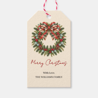 Étiquettes-cadeau Couronne de Noël Ruban à carreaux Nom de la famill