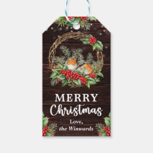 Étiquettes-cadeau Couronne de Noël rustique avec rouges et merles de