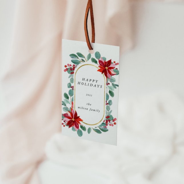 Étiquettes-cadeau Couronne de poinsettia rouge Fleurs de vacances Mo (Créateur téléchargé)