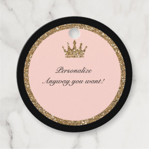 Étiquettes Cadeau Couronne de princesse rose or scintillant et noir 